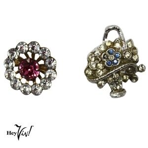 Two Vintage Scatter Pins Basket w Flowers and Round Rhinestone 5/8" - Hey Viv